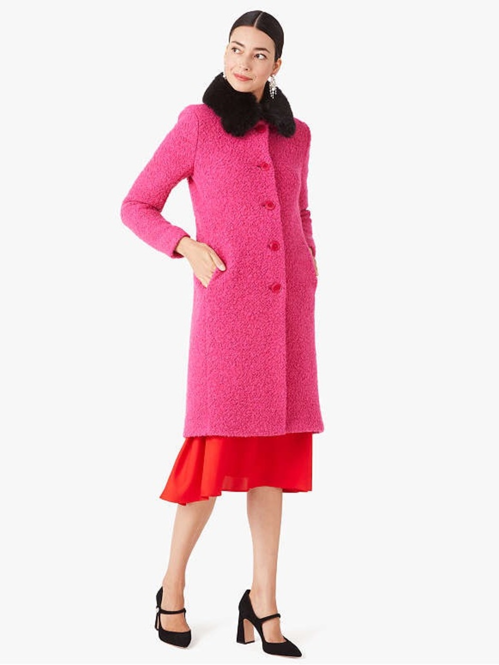 Kate Spade Broadway Bouclé Wool Blend Coat Pink Black Faux Fur Collar Sz 16